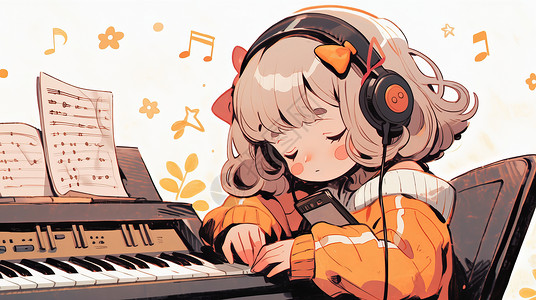 儿童弹钢琴戴着耳麦穿橙色衣服趴在钢琴前睡觉的卡通女孩插画