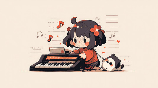 弹琴儿童可爱的卡通女孩坐在钢琴后面插画