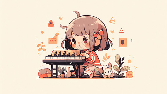 小孩弹钢琴坐在钢琴后面玩耍的可爱卡通小女孩插画