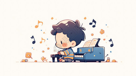 扁平风音乐钢琴可爱的卡通男孩在钢琴前玩耍插画