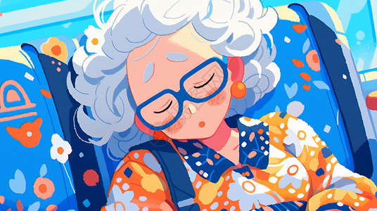老年人睡觉坐在车上酣睡的时尚卡通老奶奶插画