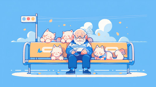 老年人睡觉与宠物们一起坐在椅子上的卡通老爷爷插画