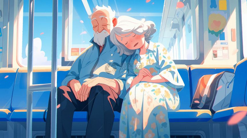 倚靠在一起睡觉坐车的卡通老爷爷老奶奶奶图片