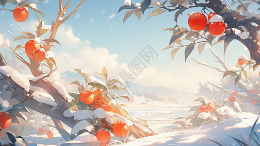 冬天雪地里漂亮的卡通柿子树背景图片