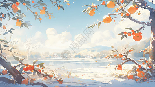 雪地里的橘子冬天唯美的卡通柿子树野外风景插画