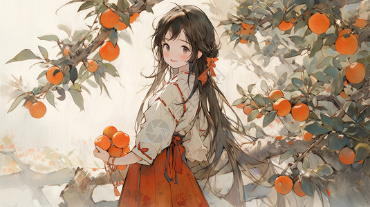 抱着果实的刺猬在丰收的果树下抱着橙色果实的古风卡通女孩插画