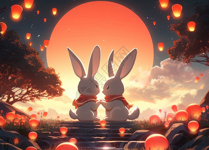 中秋节在圆月下两只可爱的卡通兔子在过中秋背景图片