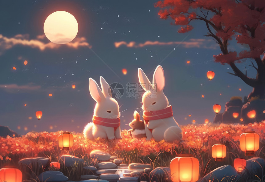 中秋节夜晚几只可爱的卡通兔子在赏月图片