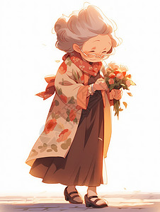 手拿花数的漂亮卡通老奶奶背景图片