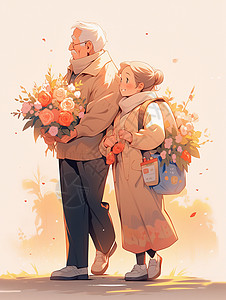 拿着花朵走路回家的卡通老爷爷老奶奶背景图片