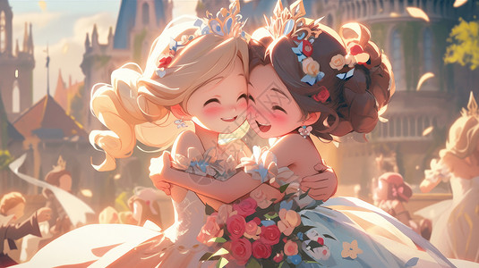 两个可爱的卡通小公主脸贴脸拥抱在一起开心笑高清图片