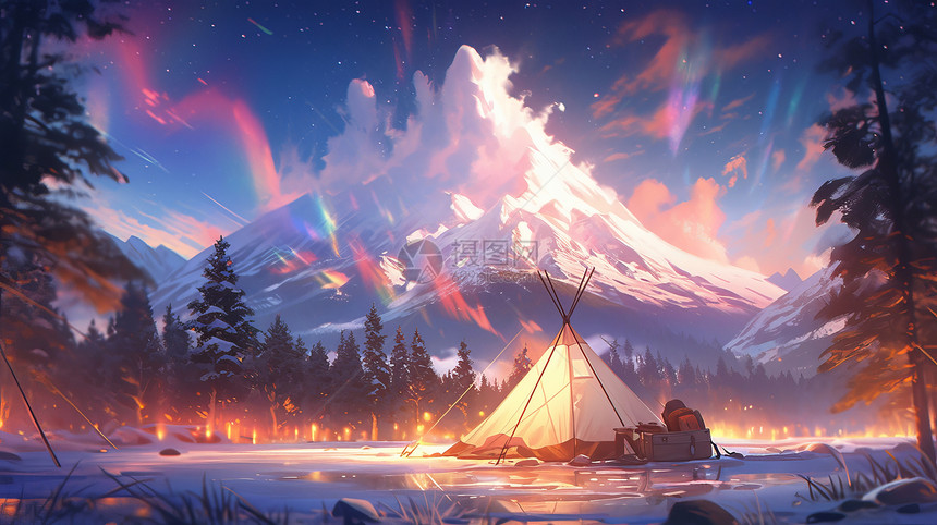 夜晚雪山下露营看极光卡通风景图片