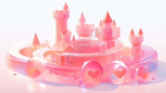 3D城堡粉色立体可爱的卡通城堡插画
