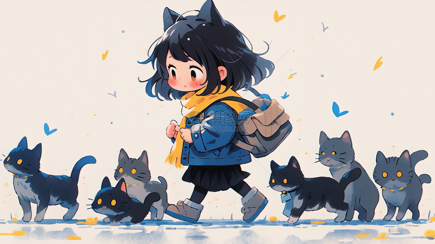 背着书包放学回家的可爱卡通猫女孩图片