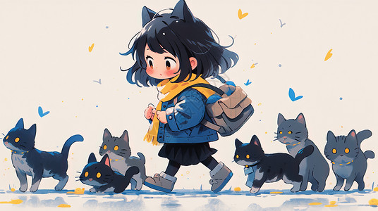 放学回家女孩背着书包放学回家的可爱卡通猫女孩插画