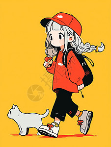 一起回家穿橙色衣服与宠物猫一起放学回家的卡通宠物猫插画