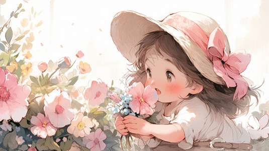 采摘女孩戴着帽子采摘花朵的可爱卡通小女孩插画