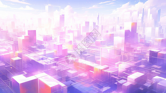 紫色城市背景紫色调梦幻简洁的卡通城市插画
