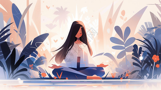 坐在森林中扁平风卡通女孩在练瑜伽背景图片