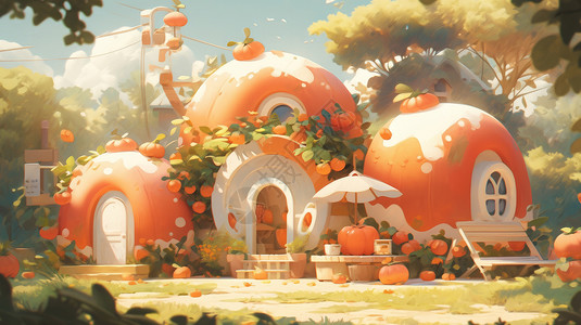 在森林中圆弧形可爱的橙色卡通小房子背景图片