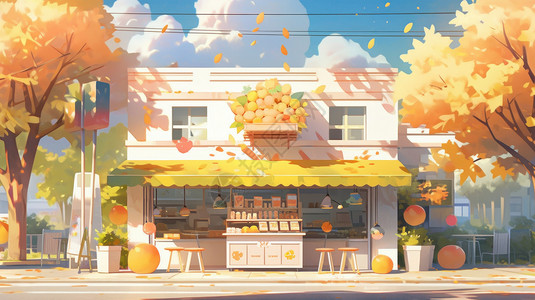 食物中间的秋天在两棵树中间的卡通商店插画