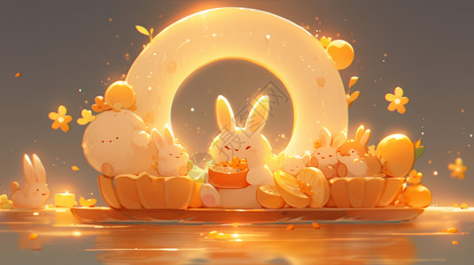 中秋节坐在小船上吃月饼赏月的卡通小兔子们背景图片