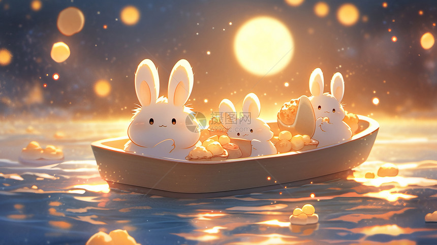 夜晚坐在小船上吃月饼赏月的可爱卡通兔子们图片