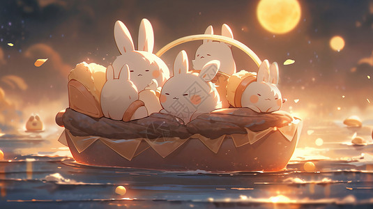 夜在篮子小船上赏月的可爱卡通兔子们图片
