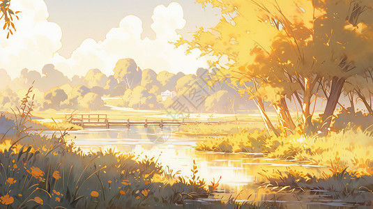 金黄色的卡通秋天野外唯美卡通风景图片
