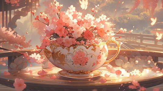 陶瓷杯具放在桌上装满粉色花朵的古风卡通陶瓷杯插画
