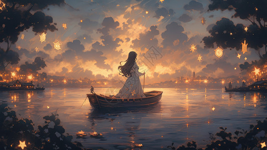 夜晚乘坐小船去远方的卡通女孩梦幻卡通背景图片