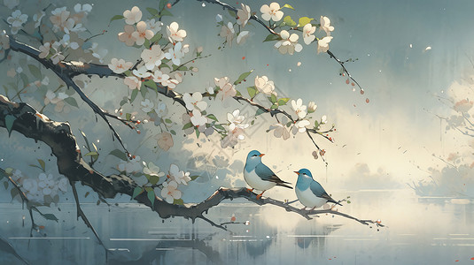 樱花落在河里两只漂亮的蓝色头卡通小鸟落在开满花朵的树枝上插画