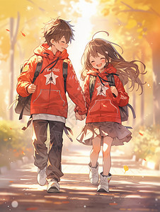 秋天手拉手背着书包去上学的卡通男孩女孩背景图片