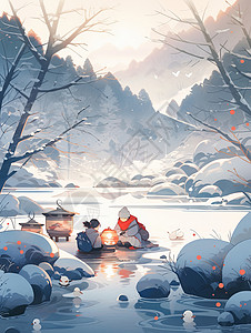 雪中在冰上玩耍的两个卡通人物插画