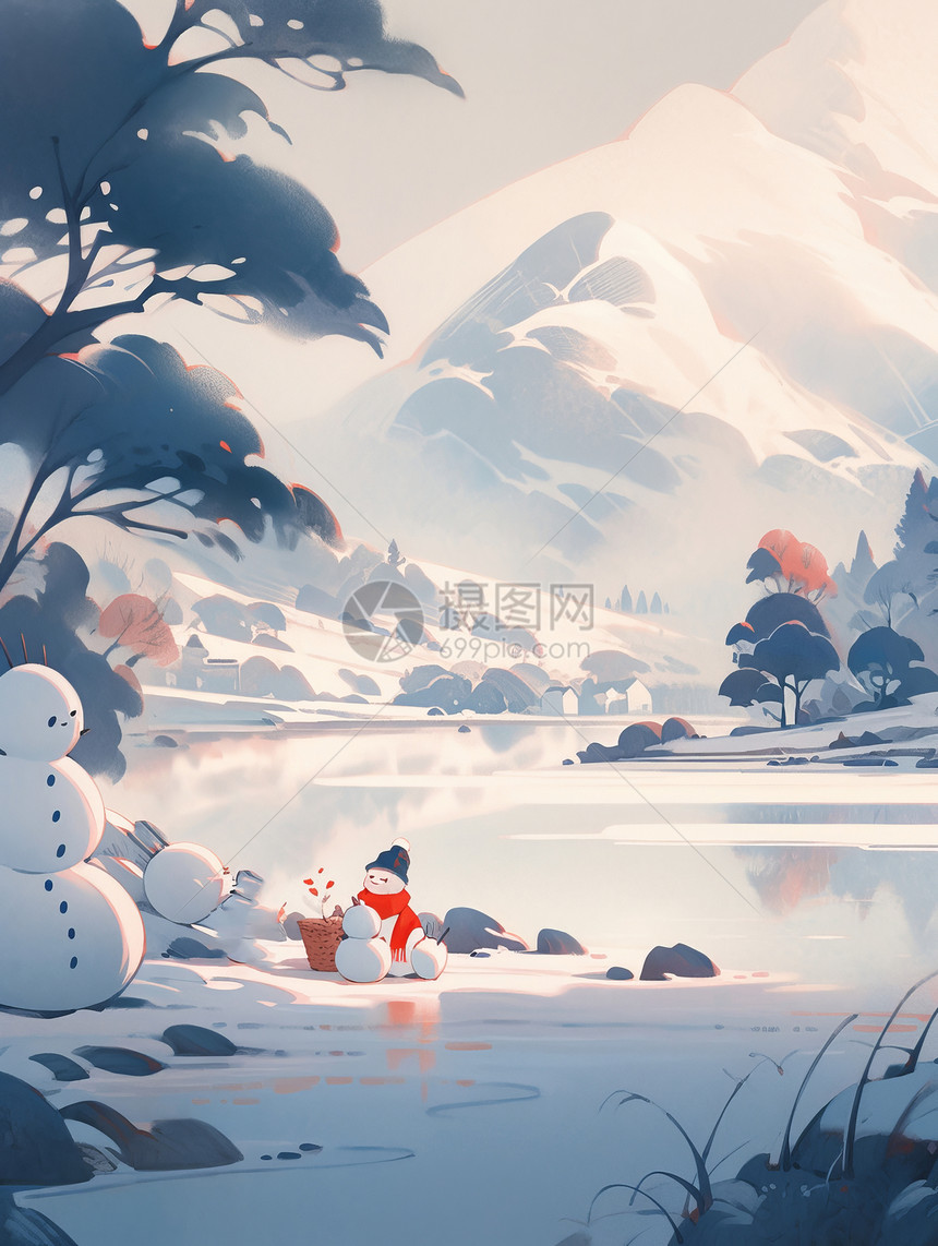 雪后唯美的卡通湖边对这几个雪人图片