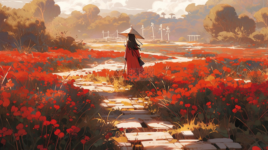 穿红色衣服站在红色花丛中的卡通人物背影图片
