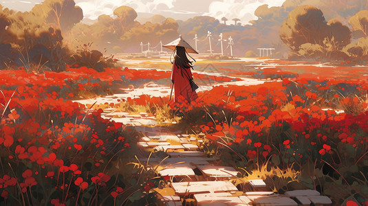 小武士穿红色衣服站在红色花丛中的卡通人物背影插画