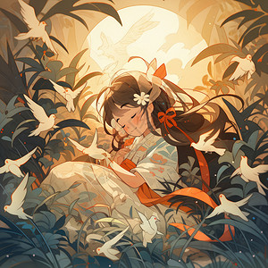 躺在草丛中的睡觉的古风卡通女孩与百鸟背景图片