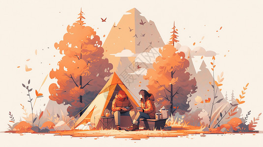 秋天在户外露营的两个扁平风卡通人物在交谈图片