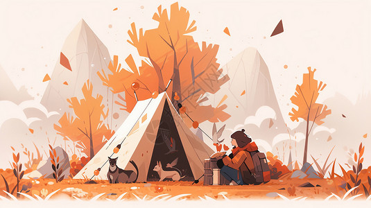 以德树人书法字秋天在野外露营背着包的卡通女孩与宠物狗字艺术插画