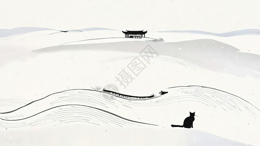 极简立冬冬天雪地上的黑猫极简插画插画