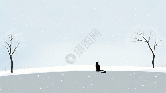 大雪雪地上的黑猫极简插画图片