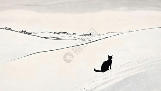 极简立冬冬日雪地上的黑猫极简插画插画