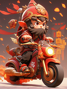 骑卡通摩托车飞奔的财神爷背景图片