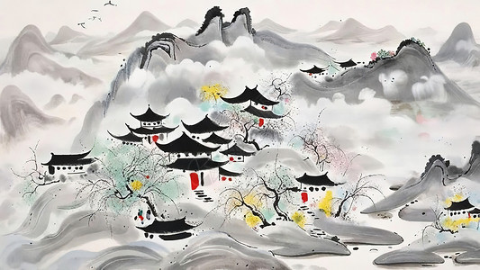 深山中的乡村插画背景图片