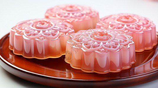 一盘粉色美味的水晶月饼图片