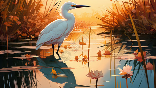 秋天傍晚站在河中的卡通白鹭图片