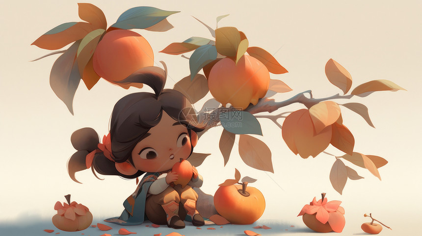 秋天坐在丰收的果树下休息的古风长发卡通女孩图片