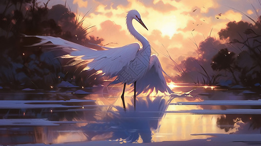 傍晚在夕阳下的河水中煽动翅膀的卡通白鹭插画