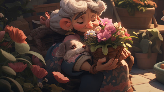 老奶奶坐着坐着怀抱着和宠物的卡通老奶奶插画